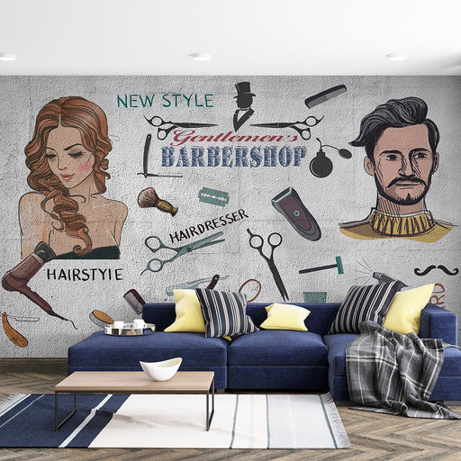 Vintage hair salon wallpaper mural | Hair salon tool decoration wall - Carving wallpaper