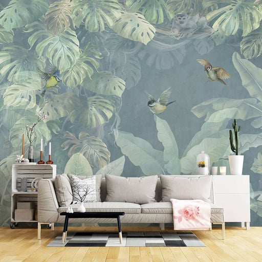Vintage Hand-Painted Tropical Rainforest Mural – Monstera, Birds & Whimsical Monkeys
