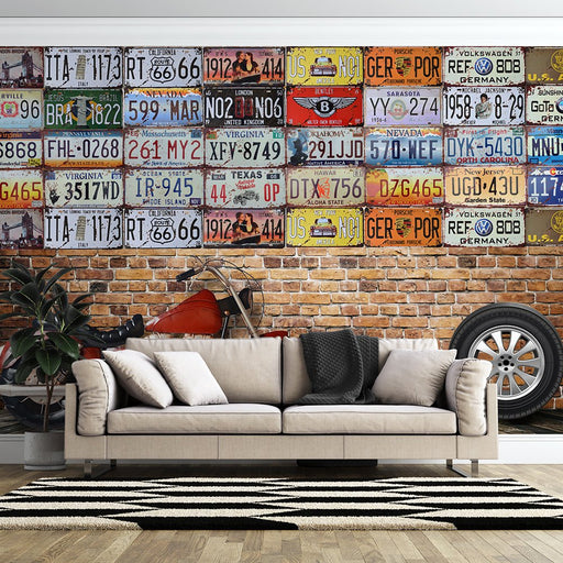 Vintage license plate brick wall wallpaper mural | Motorcycle elements - Carving wallpaper