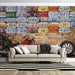 Vintage license plate brick wall wallpaper mural | Motorcycle elements - Carving wallpaper