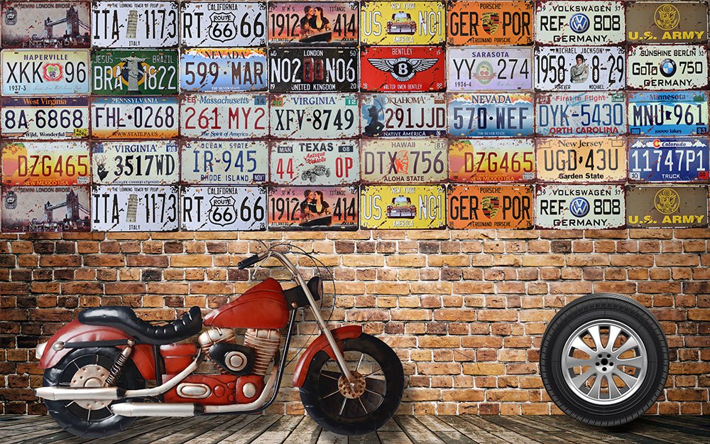 Vintage license plate brick wall wallpaper mural | Motorcycle elements - Carving wallpaper