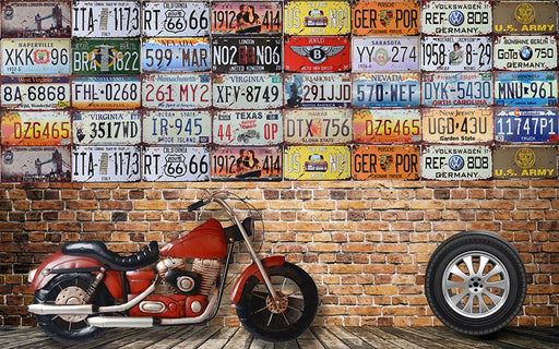 Vintage license plate brick wall wallpaper mural | Motorcycle elements - Carving wallpaper