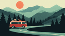 Vintage Mountain Voyage Wallpaper Mural - Retro Travel Adventure for Kids' Room & Nursery: red camper van through pine mountains at sunset, nostalgic adventure vibe
