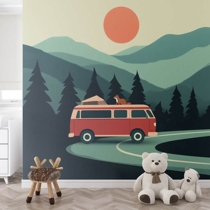 Vintage Mountain Voyage Wallpaper Mural - Retro Travel Adventure for Kids' Room & Nursery featuring a red camper van, pine forests, and sunset in a nostalgic mountain voyage scene.