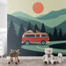 Vintage Mountain Voyage Wallpaper Mural - Retro Travel Adventure for Kids' Room & Nursery featuring a red camper van, pine forests, and sunset in a nostalgic mountain voyage scene.