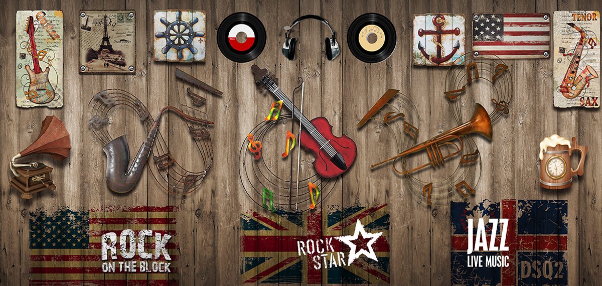 Vintage music elements wallpaper murals | Nostalgic instrument bar style - Carving wallpaper