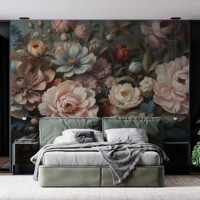 Vintage Oil Painting Floral Mural Wallpaper | Pink, Blue & Orange Botanicals | European-Style Luxury Décor in bedroom with floral mural behind bed