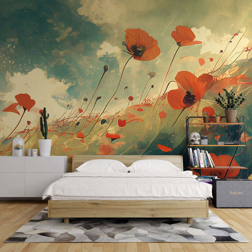 Vintage Poppy Wallpaper Mural – Watercolor Floral & Retro Tone for Living Room & Bedroom