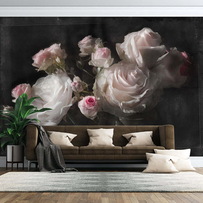 Vintage Rose Art Wallpaper | Dark toned Flower Mural - luxurious dark rose wall mural with oil painting texture for elegant living spaces