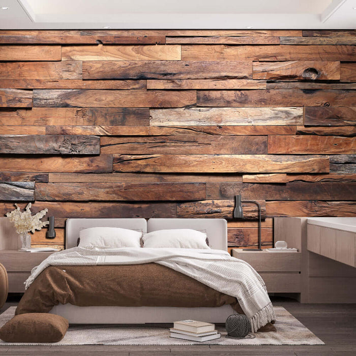 Vintage wood splicing wallpaper in a cozy bedroom, creating a warm and natural atmosphere.