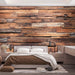 Vintage wood splicing wallpaper in a cozy bedroom, creating a warm and natural atmosphere.