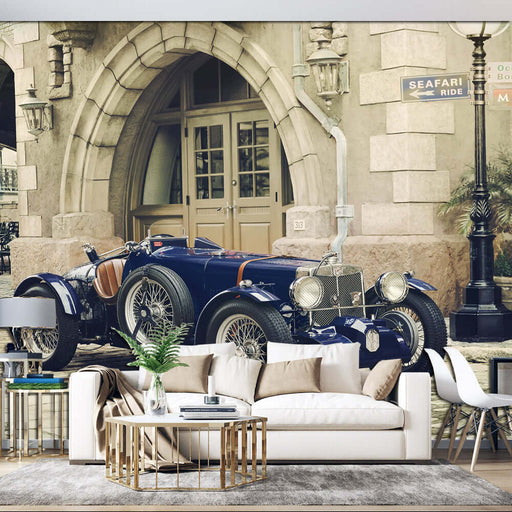 Vintage Sports Car Wallpaper - European Street Art for Living Room & Study: Classic blue vintage sports car displayed as wall art in elegant living room setting with retro European street ambiance