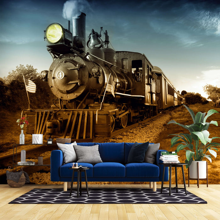 Vintage Steam Train Wallpaper | Railway Landscape Mural - Nostalgic steam locomotive scene with living room setup