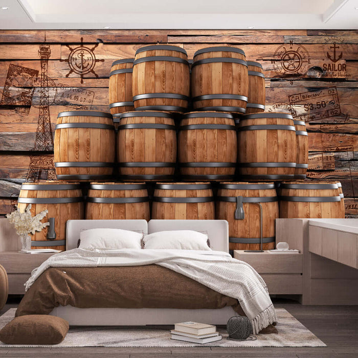 Vintage wine barrel wallpaper featuring stacked wooden barrels in a cozy bedroom setting.