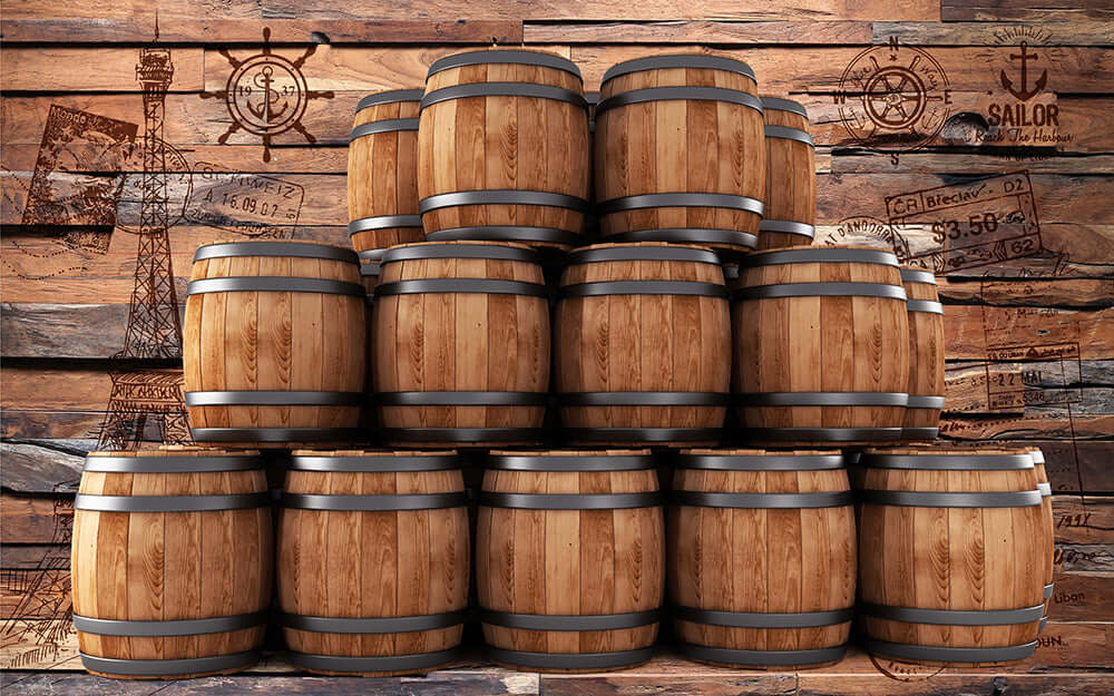 Vintage wine barrel wallpaper showcasing stacked wooden barrels against a nautical-themed background.