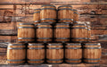 Vintage wine barrel wallpaper showcasing stacked wooden barrels against a nautical-themed background.
