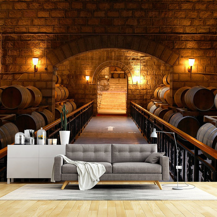 Vintage Wine Cellar Wallpaper Mural | Château - Style Brick & Oak Barrel Décor - Carving wallpaper
