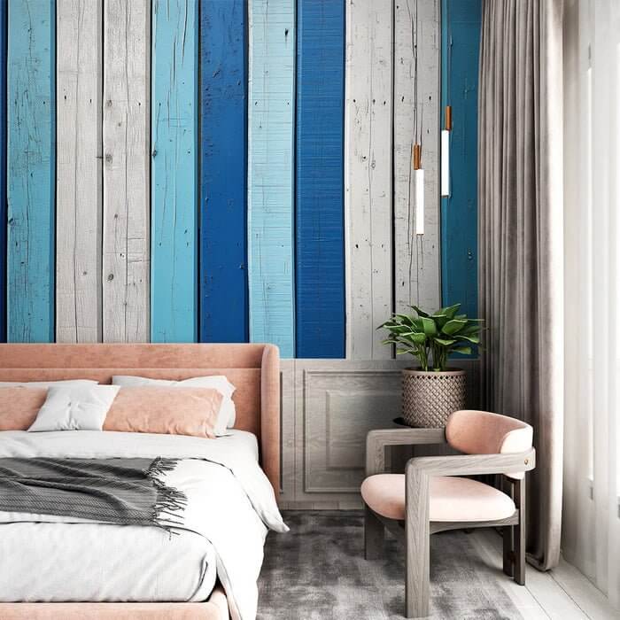 Vintage Wood Panel Ocean Wallpaper | Blue & White Nautical Theme | Coastal Style Wall Mural
