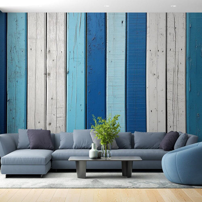 Vintage Wood Panel Ocean Wallpaper | Blue & White Nautical Theme | Coastal Style Wall Mural