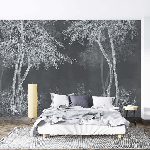 Wabi Sabi Dark Forest Wallpaper | Minimalist Tree Line Mural | Mysterious Zen Décor for Bedroom & Living Room