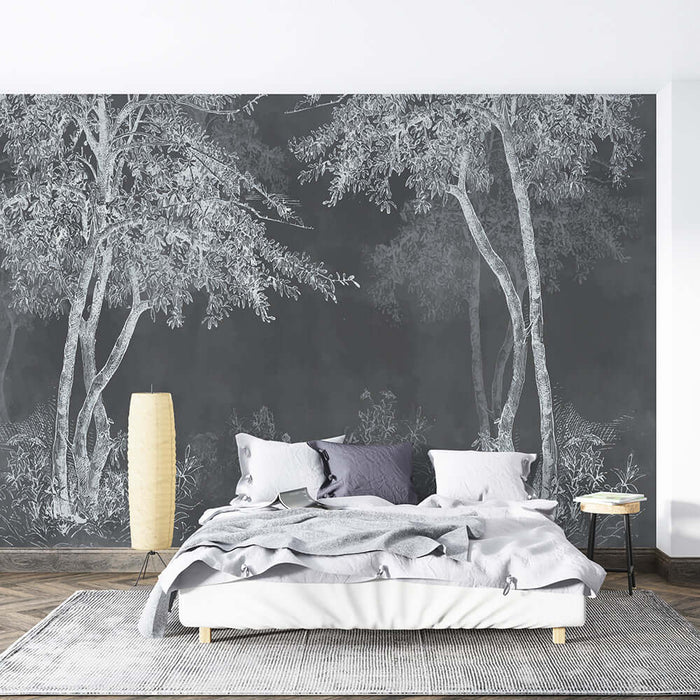 Wabi Sabi Dark Forest Wallpaper | Minimalist Tree Line Mural | Mysterious Zen Décor for Bedroom & Living Room
