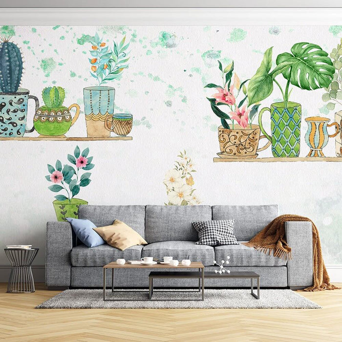 Wallpaper Botanique Aquarelle : Cactus & Monstera Main-Peints pour Salon et Chambre