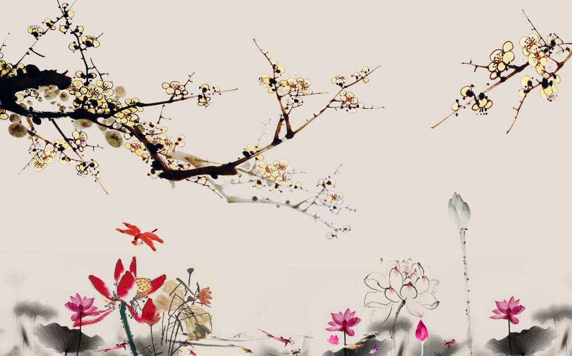 Wallpaper mural | blooming plum blossom and lotus - Carving wallpaper