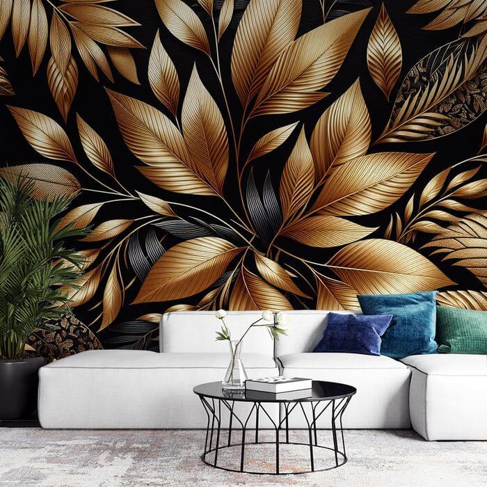 Wallpaper Mural Noir et Or | Luxe Botanique | 3D Foliage Accent Wall
