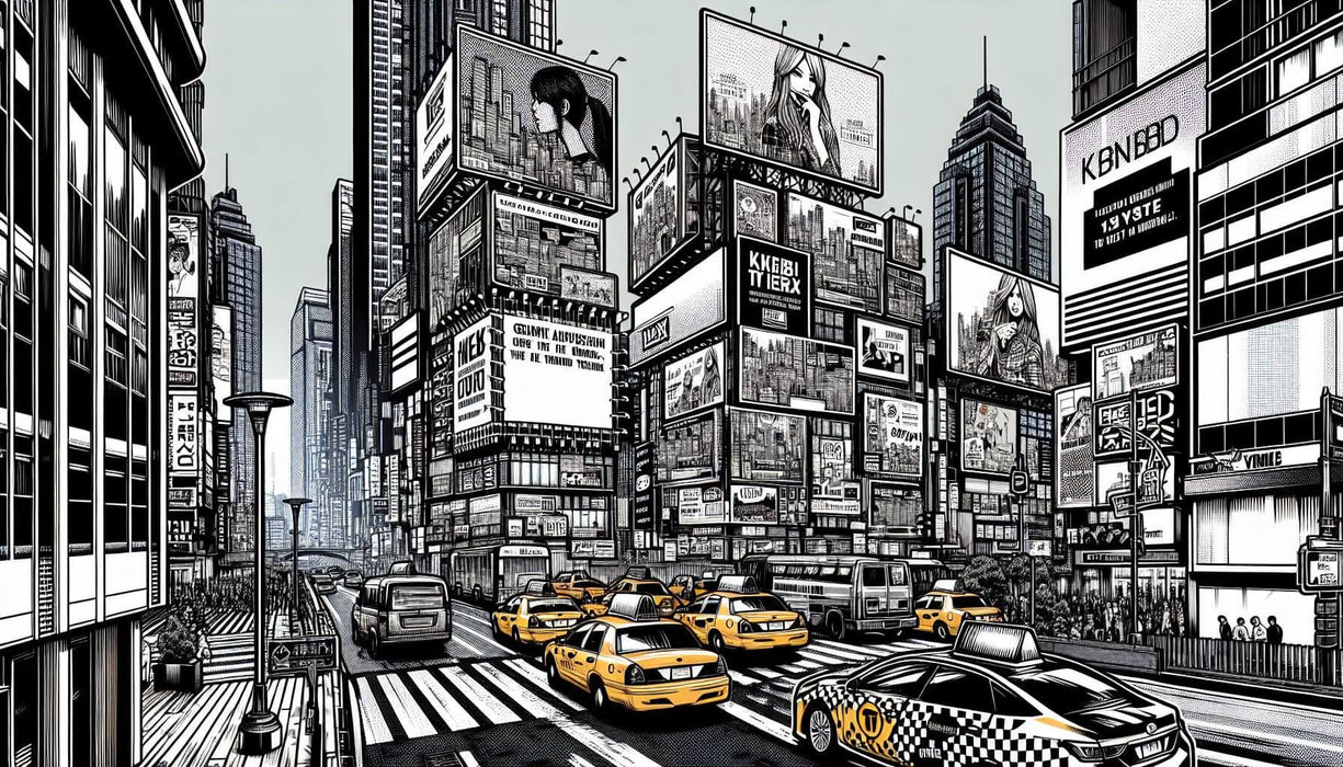 Wallpaper Mural: Timeless Noir Parisian Cityscape with Taxis & Water Horses in a cinematic black-and-white urban scene with taxis passing amid towering Haussmann-style buildings