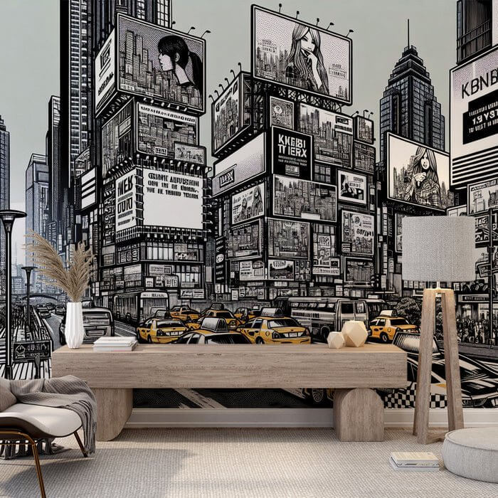 Wallpaper Mural: Timeless Noir Parisian Cityscape with Taxis & Water Horses - cinematic black-and-white Paris street scene with taxis, Haussmannian buildings, and water horse artistry