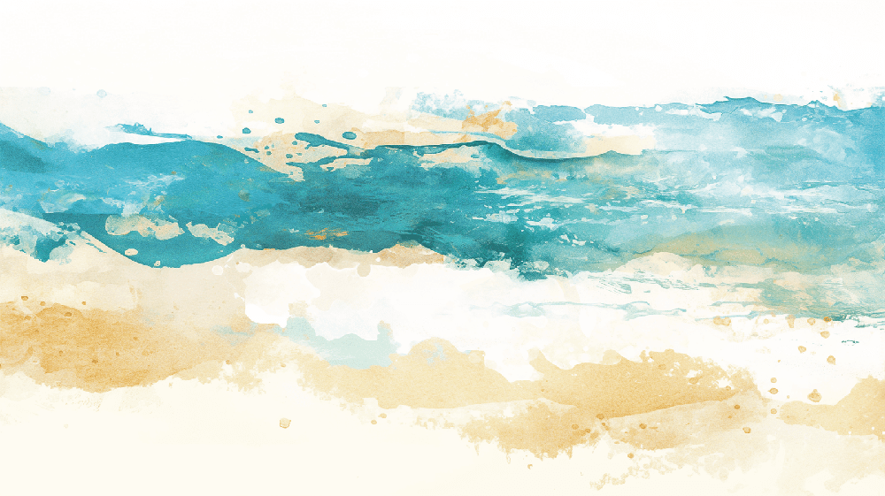 Watercolor beach art wallpaper mural featuring calming blue and sandy colors, perfect for living rooms and bedrooms.