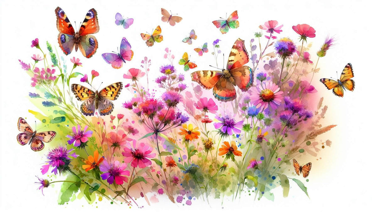 Watercolor Butterfly & Floral Wallpaper Mural | Romantic Botanical Dance in Soft Pastels