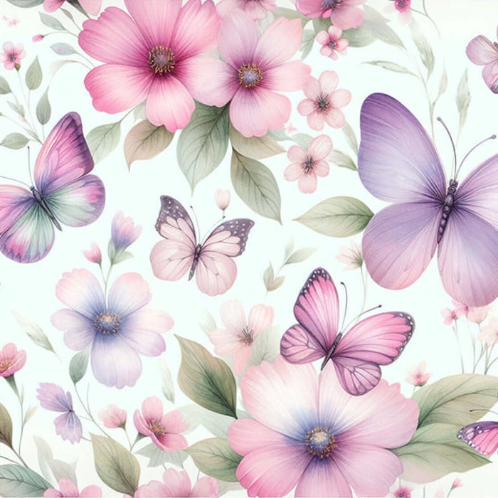 Watercolor Butterfly Floral Wallpaper | Pink & Purple Blossom Mural with Dreamy Garden Scene