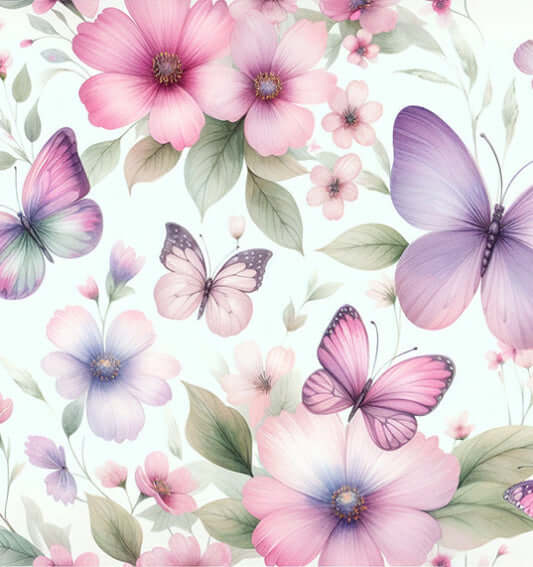 Watercolor Butterfly Floral Wallpaper | Pink & Purple Blossom Mural with Dreamy Garden Scene