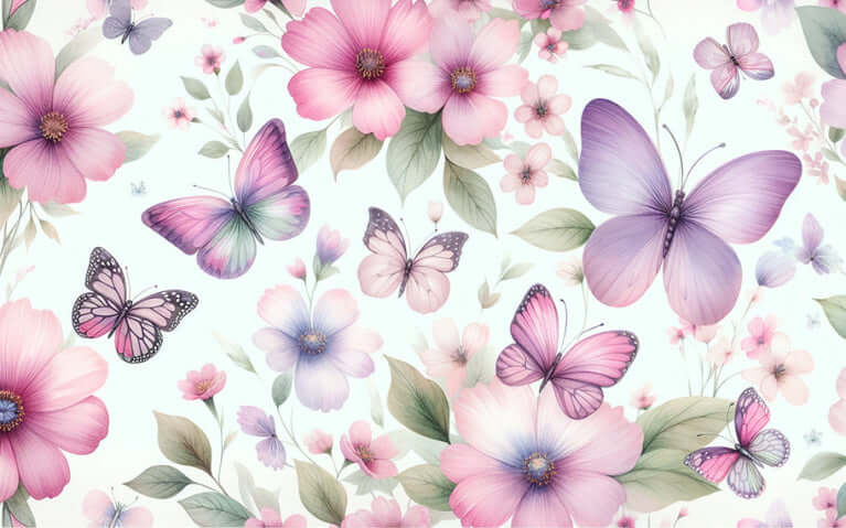Watercolor Butterfly Floral Wallpaper | Pink & Purple Blossom Mural with Dreamy Garden Scene — delicate pink and purple blossoms with watercolor butterflies across a seamless dreamy garden backdrop
