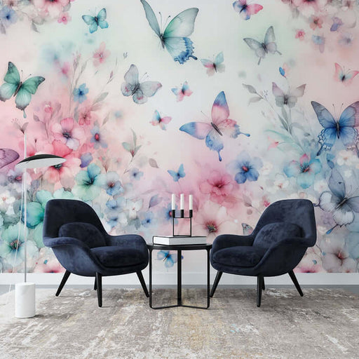 Watercolor Butterfly & Flower Wallpaper Mural | Soft Romantic Girl's Room & Bedroom Decor | Healing Design