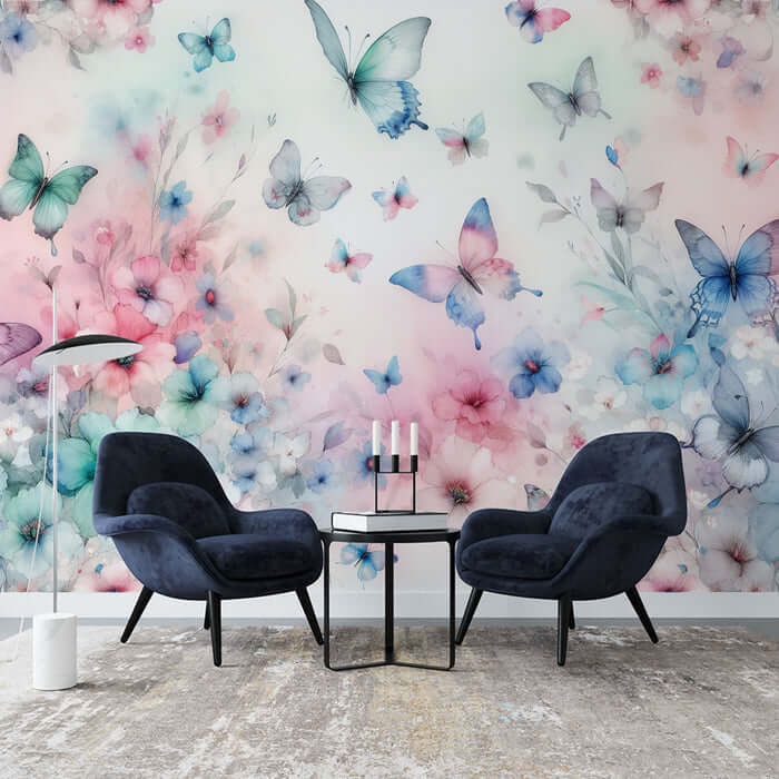Watercolor butterfly flower wallpaper mural featuring delicate butterflies and soft floral patterns in a stylish room setting.