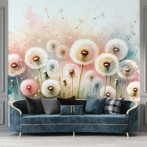 Watercolor Dandelion Wallpaper | Bedroom and Living Room Decorative Mural - soft pastel dandelion wall art with delicate watercolor bursts behind navy sofa
