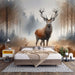 Watercolor deer wallpaper mural featuring a majestic elk in a serene forest ambiance in a stylish bedroom.