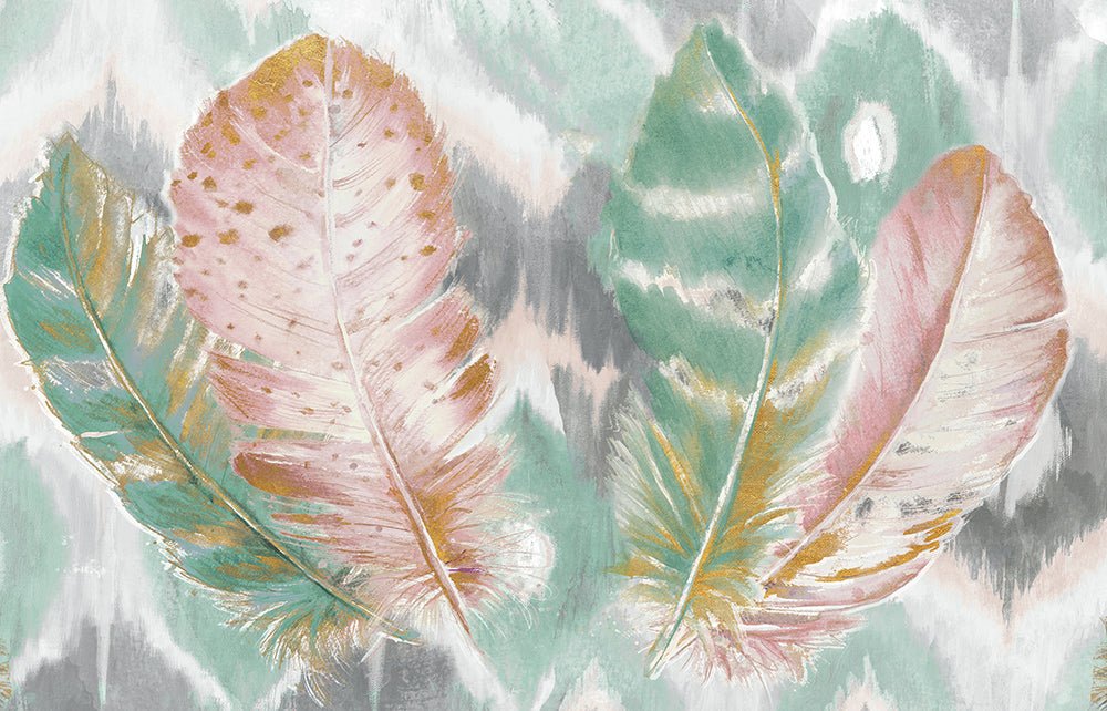 Watercolor Feather Wallpaper Mural | Pink Green Feather - Carving wallpaper