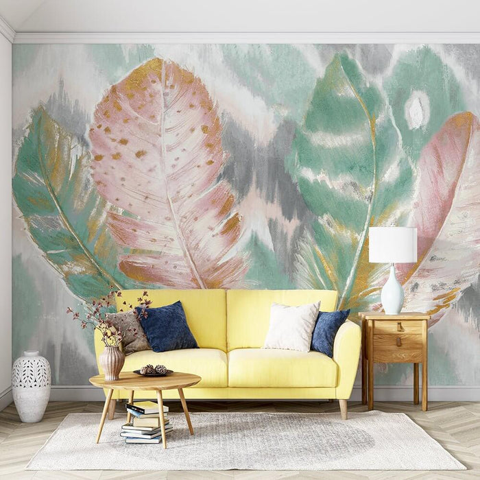 Watercolor Feather Wallpaper Mural | Pink Green Feather in a living room with yellow sofa and pastel wall art