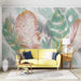 Watercolor Feather Wallpaper Mural | Pink Green Feather in a living room with yellow sofa and pastel wall art