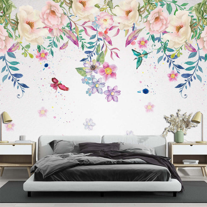 Watercolor flower bird wallpaper showcasing vibrant flowers and birds above a stylish bedroom setting.