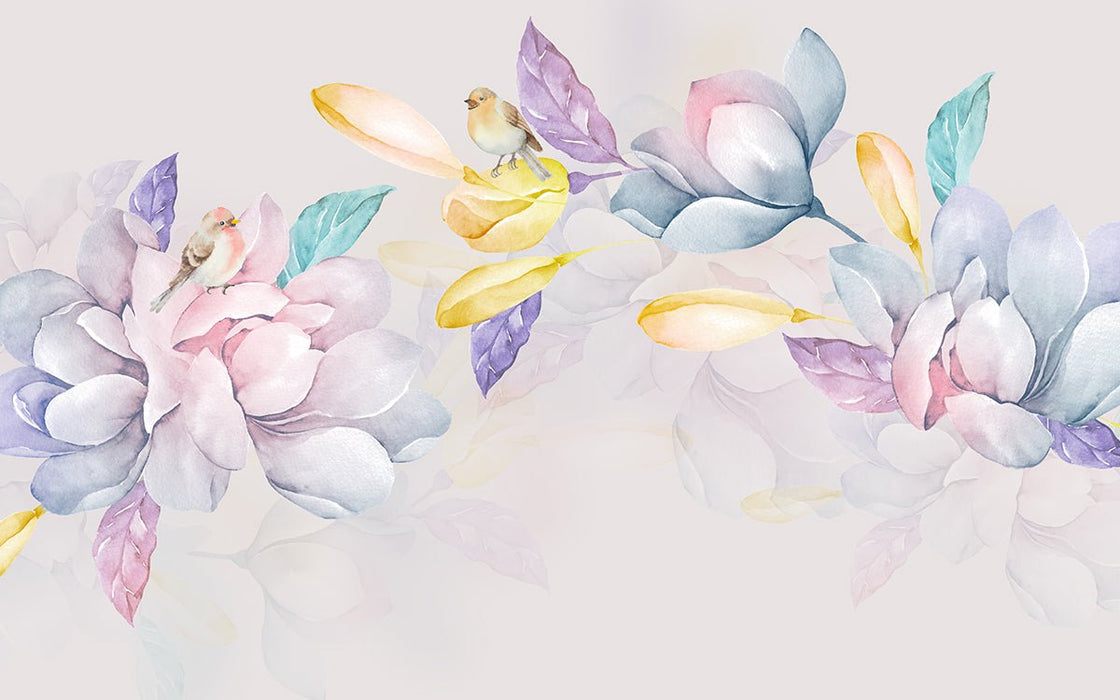 Watercolor Flower Bird Wallpaper Mural | Pink Purple, Light Blue - Carving wallpaper