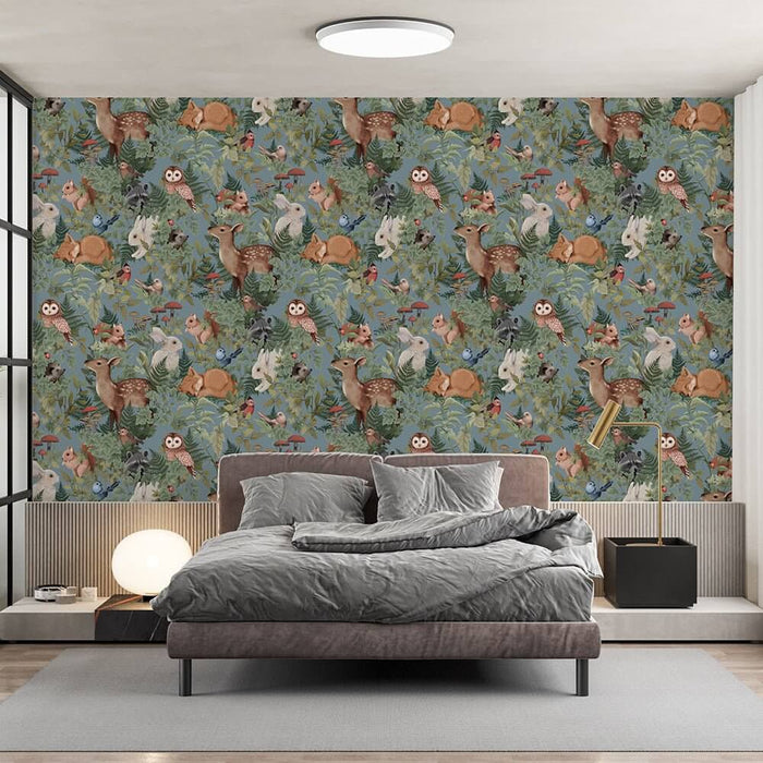 Watercolor Forest Animal Mural Wallpaper - Deer, Rabbit & Owl Design for Serene Home Ambiance