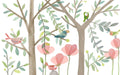 Watercolor forest bird mural featuring colorful birds and flowers for children's room decor.