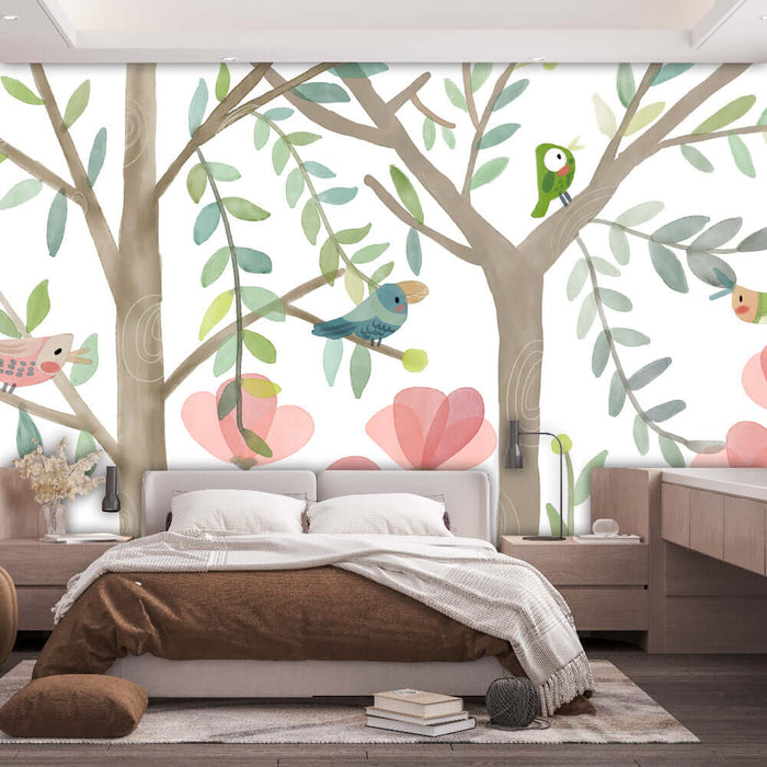 Watercolor forest bird mural featuring colorful birds and flowers in a children's bedroom decor.