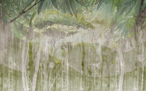 Watercolor Forest Deer Wallpaper Mural | Hand drawn Jungle - Carving wallpaper