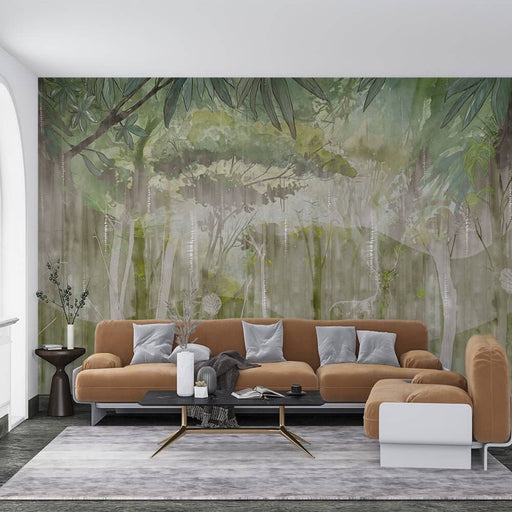 Watercolor Forest Deer Wallpaper Mural | Hand-Painted Serenity for Modern & Classic Interiors in a tranquil jungle scene with a deer