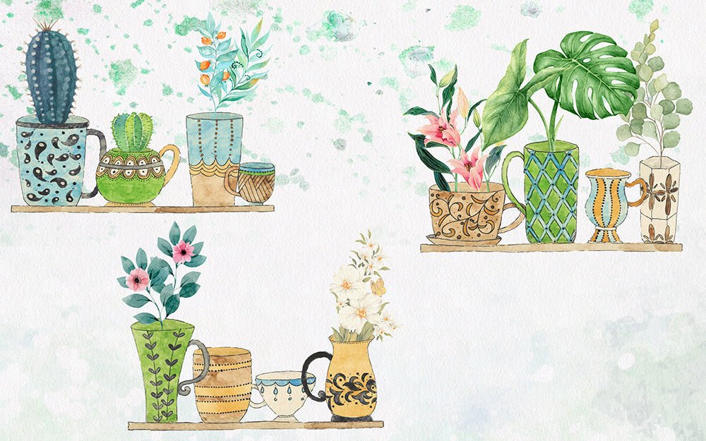 Watercolor, green plants, potted plants, wallpaper, mural | Cactus, turtle backed bamboo - Carving wallpaper